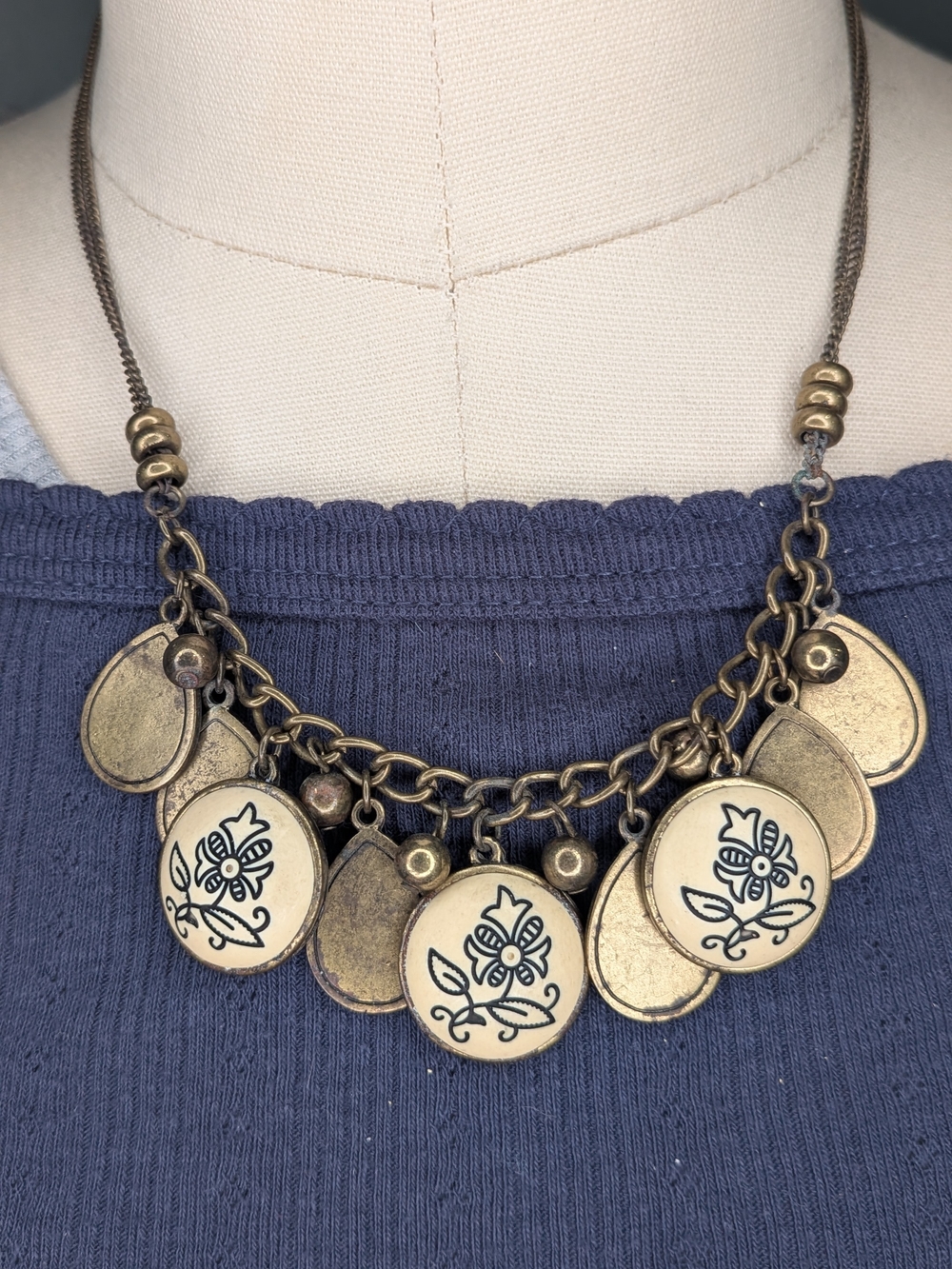 Nine West Vintage America Brass Floral Coin Charm Bib Statement Necklace